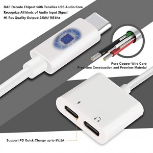 Dual Type C/USB C Headphones Audio & Charger Splitter, 2 in 1 Type C Male to Female Audio and Charger Adapter