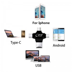 4 1'de Tip-c / 8pin / Mikro USB / USB Android Ipad / iphone 7plus 6s5s OTG okuyucu için 2.0 Bellek Kartı Okuyucu Micro SD Kart Okuyucu